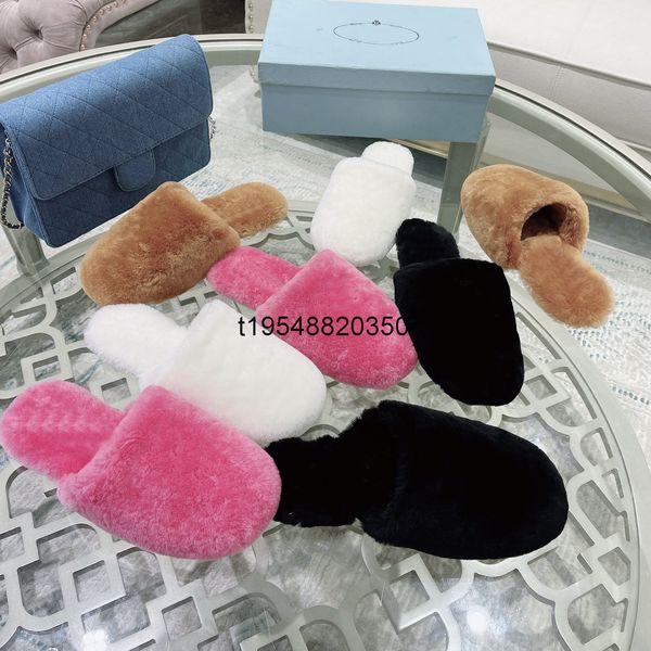 designer women mink fur slippers loafers early spring furry wool slipper household indoor cotton slides with box, Black